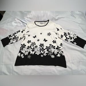 Alfred Dunner Black and White Floral Long Sleeve Top